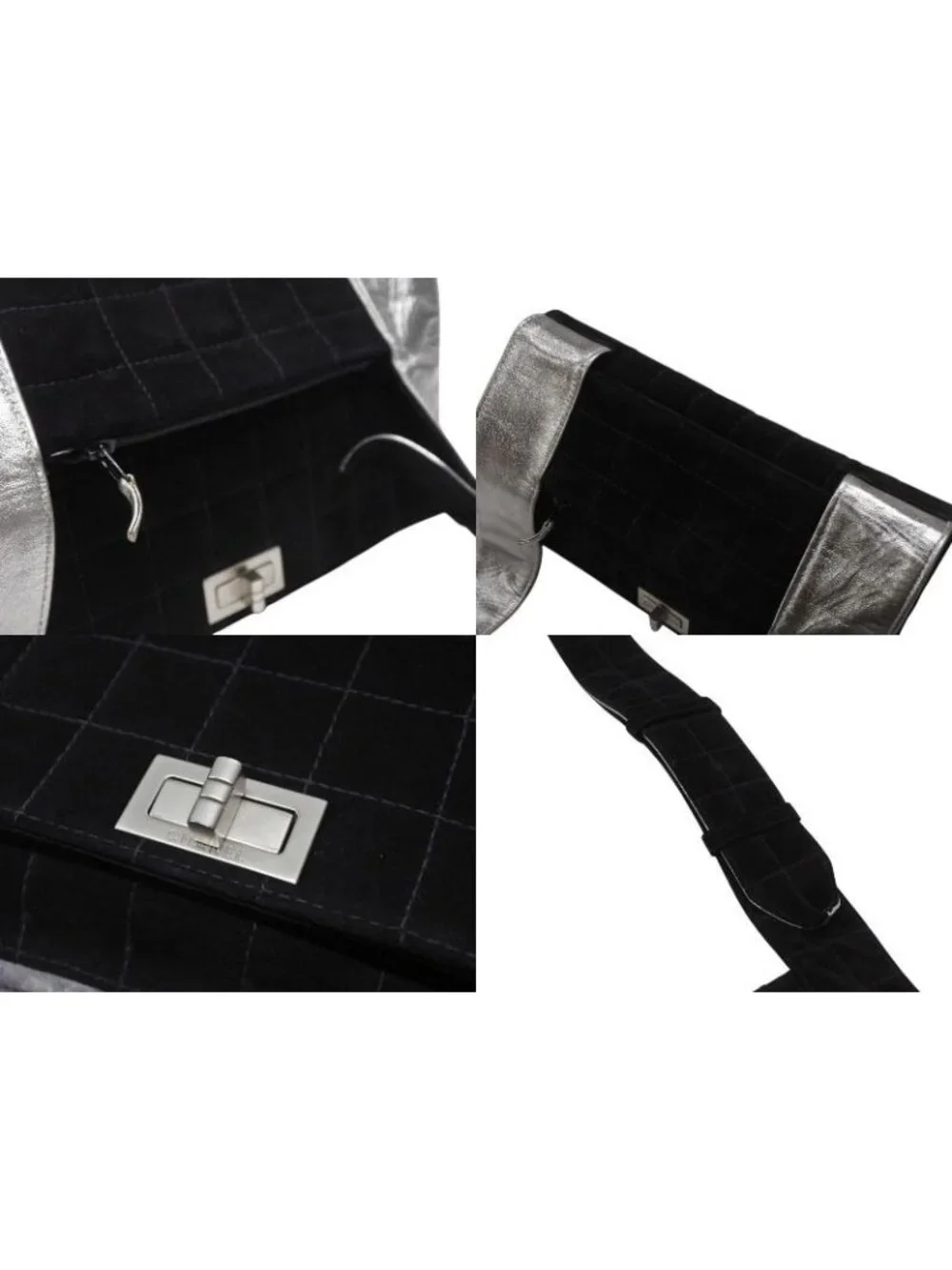 Chanel Shoulder Bag Choco Bar Turnlock Black Silver Suede